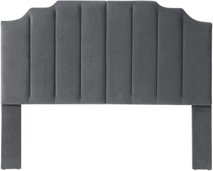 24KF Dark Gray Velvet Tufted Queen Upholstered Headboard, Modern Vertical Channel Design California Queen/Full Headboard with Stepped Silhouette Top Edge,Dark Gray