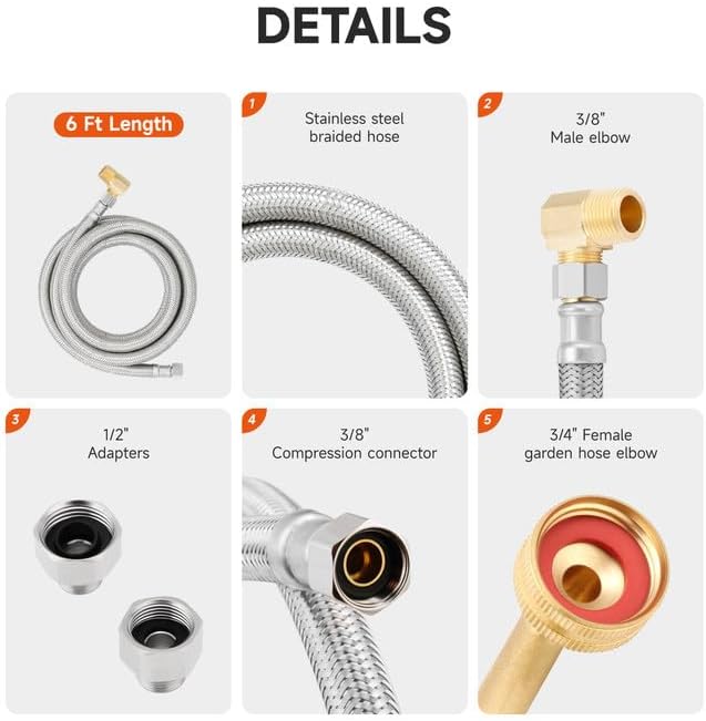 Roastove Universal Dishwasher Installation Kit,6 Ft Stainless Steel Dishwasher Hose,Burst Proof Water Supply Line with 3/8" Compression Connections
