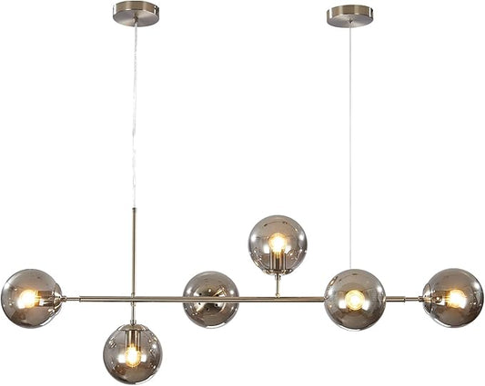 KCO Modern 6-Light Ceiling Pendant Lighting Mid-Century Glass Globes Sputnik Pendant Lamp Hanging Adjustable Chandelier for Kitchen Island Living Dining Room (Silver+Smoke Grey)