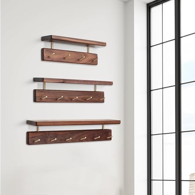 Shelf with Hooks, Solid Wood Bedroom Shelves for Wall, Wooden Coat Rack Wall Mount for Bathroom, Kitchen, Door Entryway (Walnut, 30cm/11.81inch)