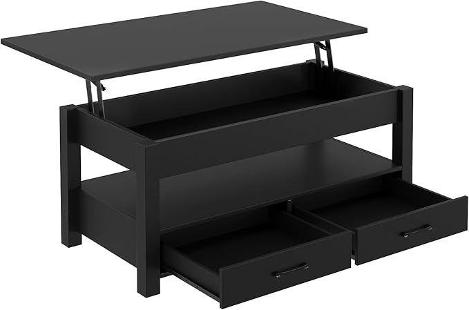Rolanstar Coffee Table, 47.2" Lift Top Coffee Table with Drawers and Hidden Compartment, Retro Central Table with Wooden Lift Tabletop, for Living Room,Black