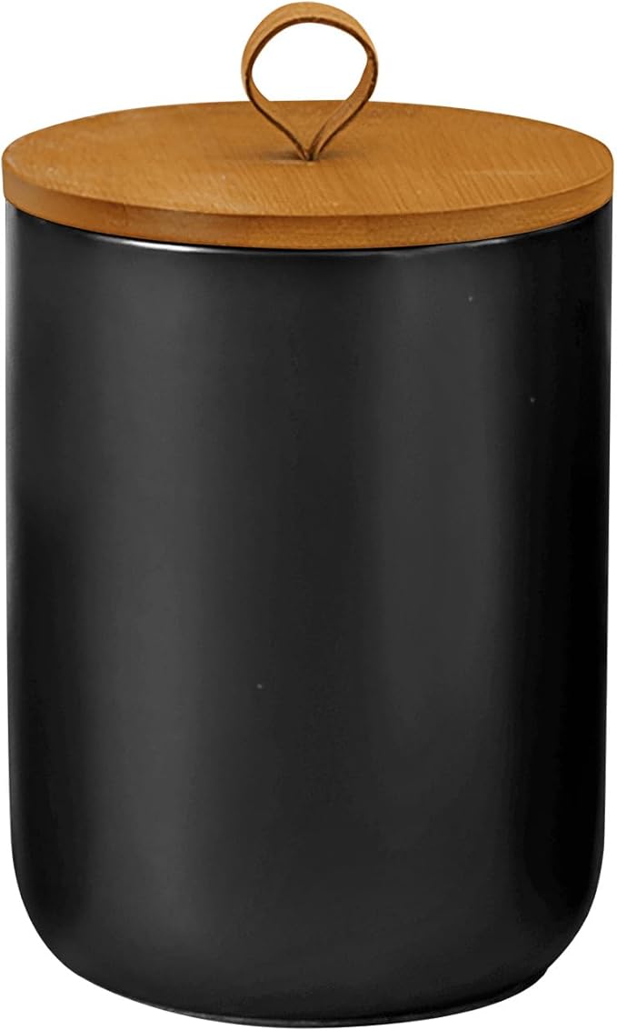 Ceramic Storage Jars, Modern Elegant Highly Polished Airtight Gorgeous Storage Canisters with Wooden Lid Small Food Stroage Jar for Kitchen Spice Tea Vanilla Sugar Coffee Beans (Black medium)