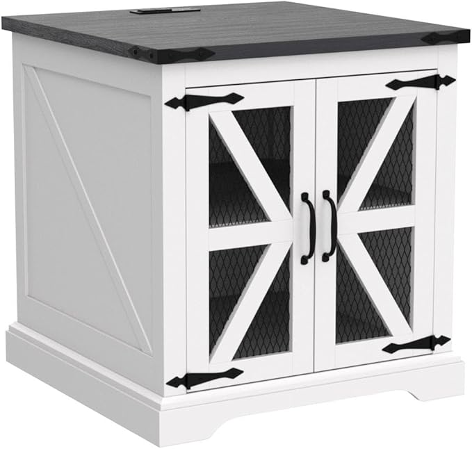 JXQTLINGMU Farmhouse End Table, 24" Large Sofa Side Table with Charging Station, Mesh Barn Door, and Adjustable Storage Shelf, Rustic Wood Square Nightstand for Living Room, Bedroom, Office, White