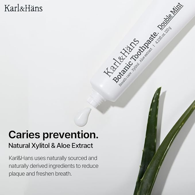 Karl&Hans Botanic Double Mint Toothpaste with Fluoride - Natural, Freshens Breath, Strengthens Enamel, Whitens Teeth, and Soothes Sensitive Teeth with Xylitol and Aloe Extracts, 4.23 oz