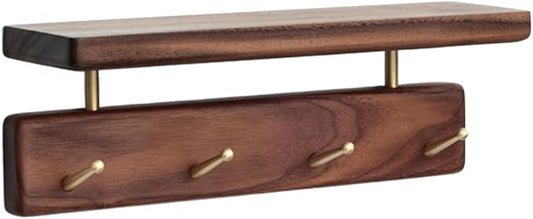 Shelf with Hooks, Solid Wood Bedroom Shelves for Wall, Wooden Coat Rack Wall Mount for Bathroom, Kitchen, Door Entryway (Walnut, 30cm/11.81inch)