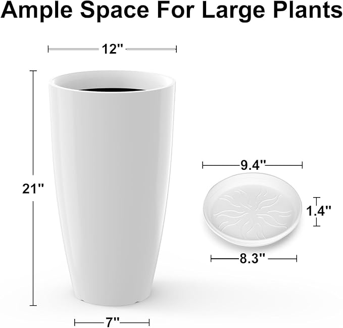 Tall Flower Pot Indoor - Outdoor Plant Pot - White Glossy Planter - Elegant Ceramics Imitation - 12" Diameter 21" Tall with Drainage Holes and Saucer