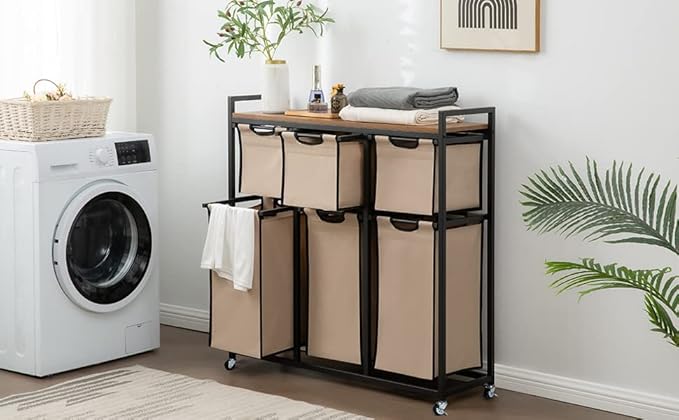 Laundry Basket Organizer, Hampers for Laundry 6 Compartments, Laundry Hamper with 6 Sliding Laundry Sorter Bags, Top Storage Shelf, and Metal Frame (6 Compartments)
