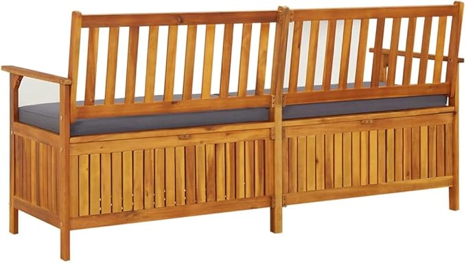vidaXL Acacia Wood Outdoor Storage Bench Deck Box with Cushion - Solid Wood Patio Furniture, Brown/Dark Gray, 66.9"x24.8"x33.1"