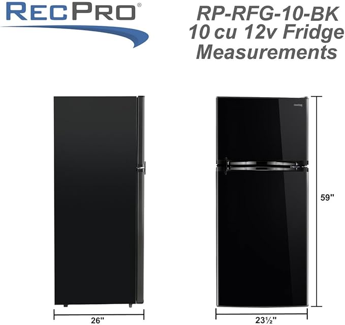 RecPro 10 Cu Ft 12V RV Refrigerator | Black Frost-Free Fridge with Freezer | Double Door, Adjustable Shelves, Reversible Door, Built-In Lock | 23.5”W x 26”D x 59”H | Off-Grid & Dry Camping Ready