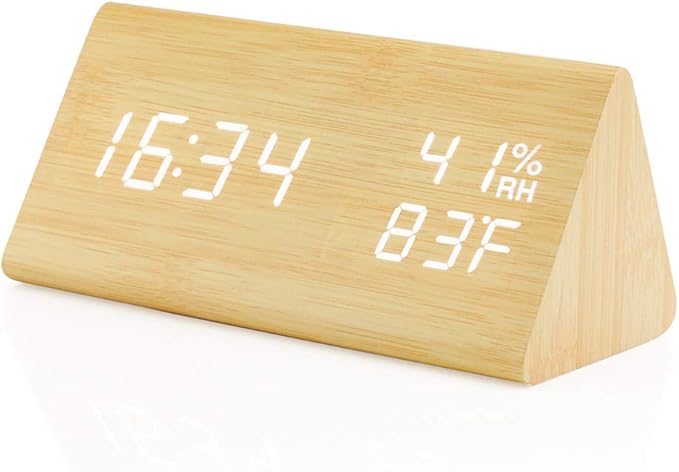 OCT17 Wooden Alarm Clock, Wood Alarm Clock Smart LED Digital Clock for Bedroom/desks, Upgraded with Time Temperature, Adjustable Brightness and Voice Control, Humidity Displaying - Bamboo