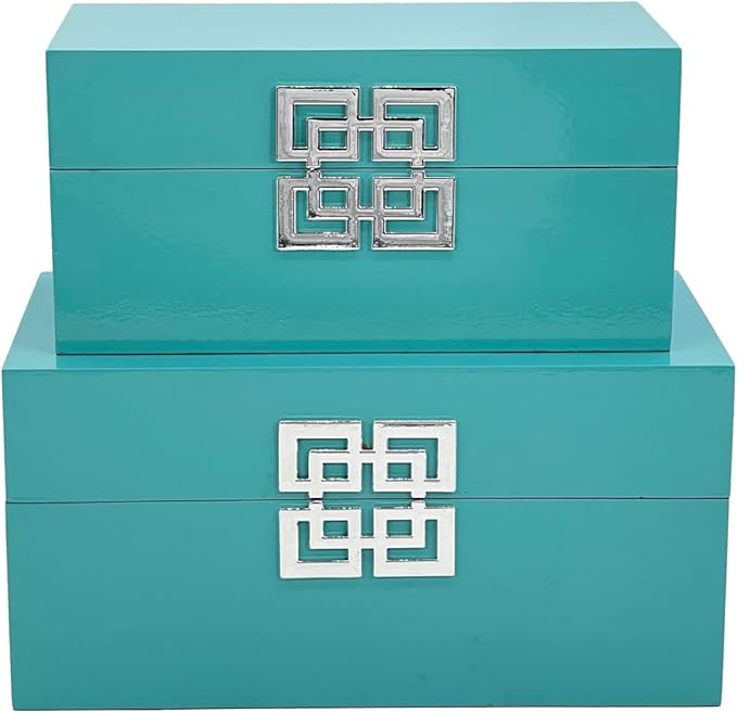 Galt International Large & Small Decorative Storage Box w/Hinged Lid - Classic Design Wood Decor Boxes with Geometric Opening Clasp - Storage for Bedroom and Home - Set of 2 (Blue)
