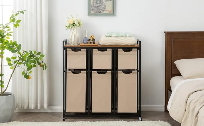 Laundry Basket Organizer, Hampers for Laundry 6 Compartments, Laundry Hamper with 6 Sliding Laundry Sorter Bags, Top Storage Shelf, and Metal Frame (6 Compartments)