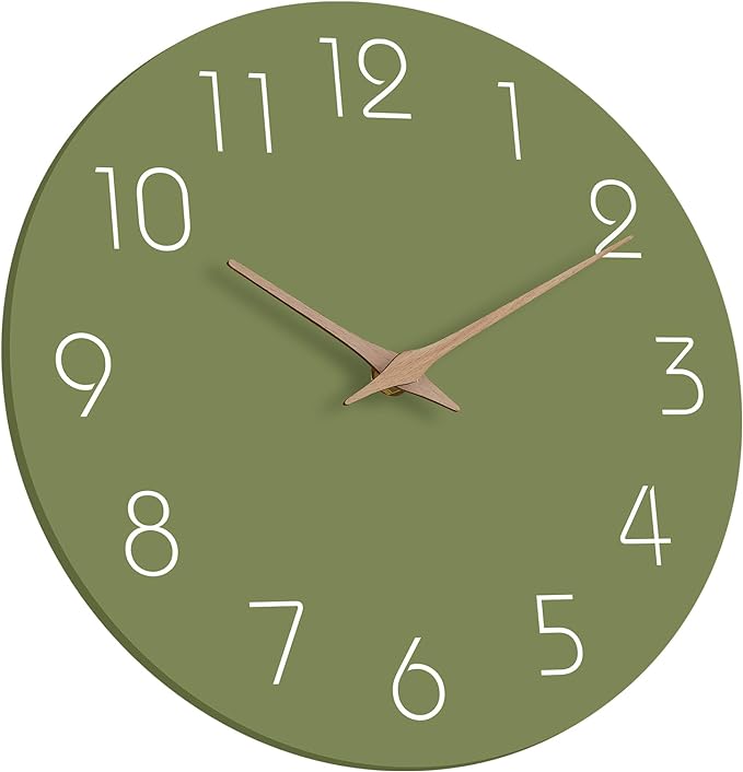 Mosewa Modern Wall Clock Silent Non Ticking 12 Inch Olive Green Battery Operated Simple Minimalist for Living Room Office Bedrooms Kitchen Home Decor
