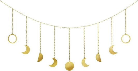 Mkono Moon Phase Wall Hanging Boho Aesthetic Room Decor Metal Moons Garland Hanging Art Bohemian Home Decoration for Girls Room Nursery Bedroom Livingroom Dorm, Ideal, Gold, 50"