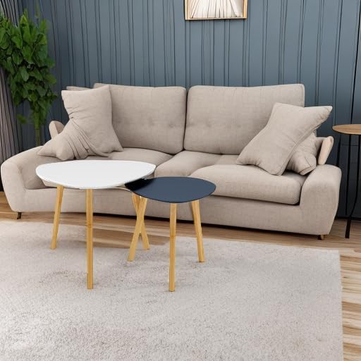 BAMEOS Bamboo Nesting Triangle End Table,Set of 2 Coffee Table Modern Minimalist Side Table for Living Room, Balcony in White & Grey