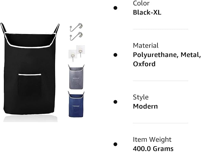 The Fine Living Co. X-Large Hanging Laundry Hamper with Over Door Hooks & Adhesive,Durable Space Saving Laundry Bag with Zipper and Wide Open Top,Hanging Dorm Laundry Hamper 20"x3.75"x31" (Black-XL)