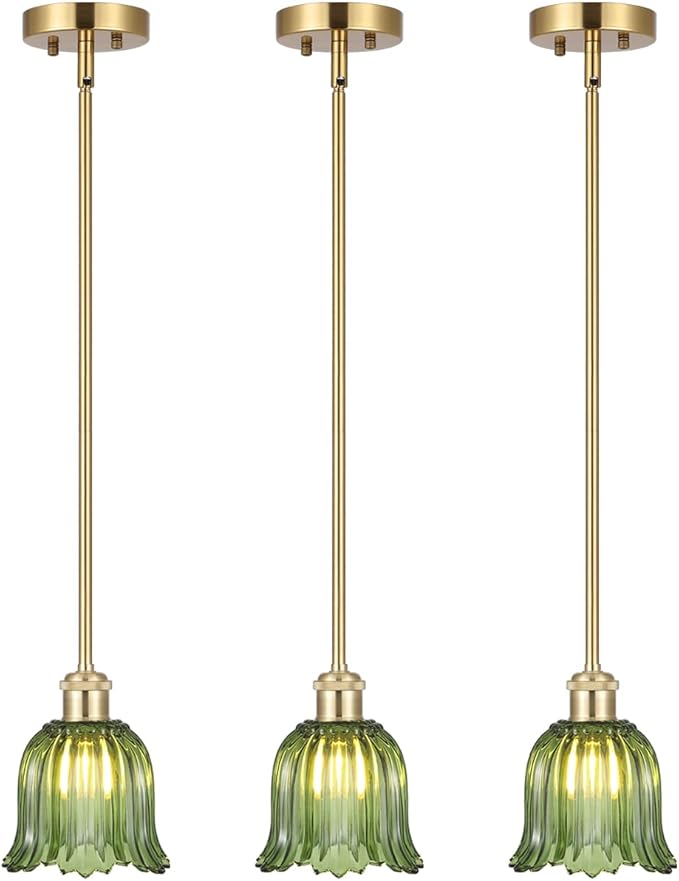 Modern Gold Pendant Light 3 Pack Brushed Brass Mid Century Chandelier Green Glass Shades Adjustable Rods Farmhouse Ceiling Hanging Lighting Fixture Kitchen Island Dining Room Bedroom