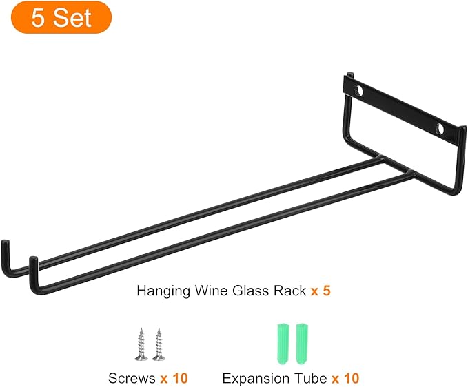 Uxcell 5-Pack Black Iron Wine Glass Rack, 11.02" Hanging Stemware Holder, Under Cabinet & Wall Mountable, Perfect for Kitchens & Bars