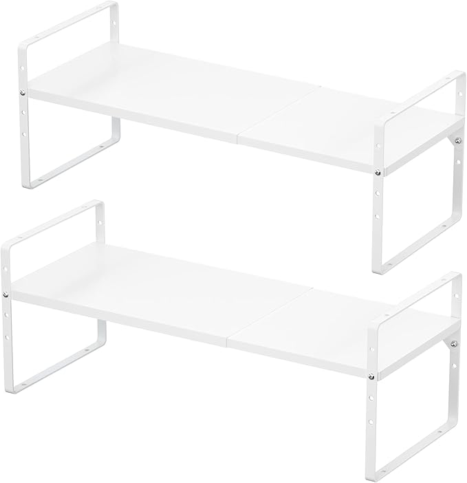 iPEGTOP Expandable Cabinet Storage Shelf Organizer Rack, 2 Pack Heavy Duty Steel Metal Spice Rack Adjustable Height Garage Pantry Shelf Space Riser for Counter Kitchen Organization, White