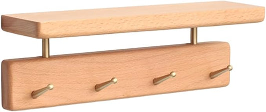 Shelf with Hooks, Solid Wood Bedroom Shelves for Wall, Wooden Coat Rack Wall Mount for Bathroom, Kitchen, Door Entryway (Beech, 30cm/11.81inch)