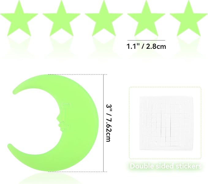 100 Stars and 1 Moon Glow in The Dark Luminous Fluorescent 3D Plastic Glow Stars Moon for Ceiling, Glowing Wall Stickers Create a Realistic Starry Sky, Room Decorations (Green)
