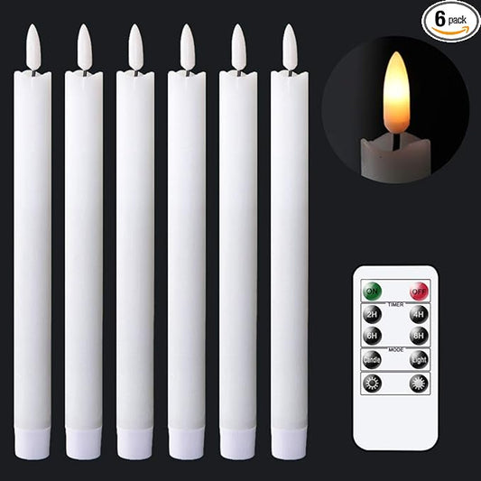 GenSwin Flameless White Taper Candles Flickering with 10-Key Remote, Battery Operated Led Warm 3D Wick Light Window Candles Real Wax Pack of 6, Christmas Home Wedding Decor(0.78 X 9.64 Inch)
