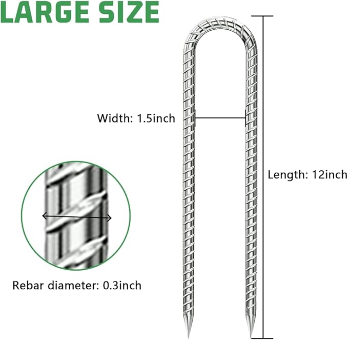 Rebar-Stakes-12-Inch, Ground Stakes Heavy Duty U-Hook Galvanized Anti-Rust Ground Anchors for Camping Tent Trampoline Accessories Dog Fence Chicken Coop Deer Fence 4pcs