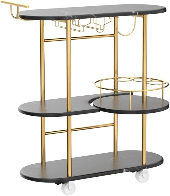 Black Bar Carts with 4-Tier Storage Shelves, Mobile Bar Serving Cart with Wine Rack and Glass Holder, for The Home, Kitchen, Living Room, Dining Room