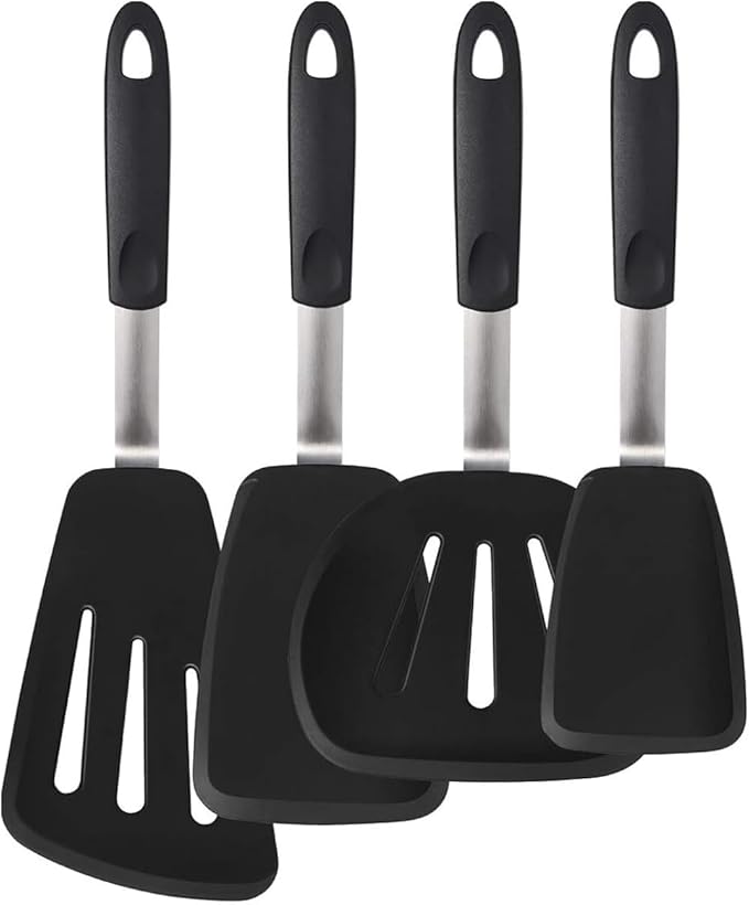 Set of 4 Silicone Spatula Utensils by Boxiki Kitchen. Professional Silicone and Stainless Steel Kitchen Spatula for Cooking, Pancakes, Eggs and Fish.