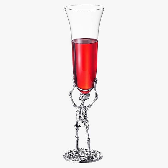 Skeleton Champagne Flute Glass 7.5oz | Gothic Halloween Drinkware | 10" Tall Skeleton Goblet for Haunted House Decor, Spooky Wine Glass, Gothic Party Supplies, Skeleton Gifts & Themed Celebrations