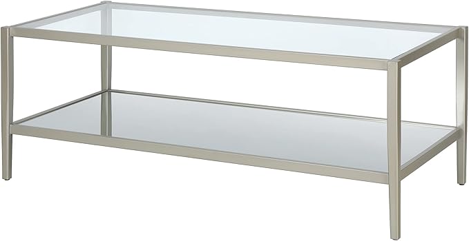 Henn&Hart 45" Wide Rectangular Coffee Table with Mirror Shelf in Satin Nickel, Coffee Table coffee tables for living room, studio apartment essentials