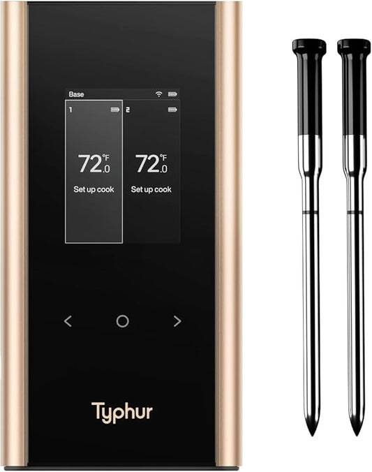 Sync Gold Wireless WiFi Meat Thermometer, 2 Slim Probes, 6 Sensors, 10x Stronger Signal, ±0.5℉ Accuracy, Smart Base Direct Setup, Reliable Reading Through Kamado Grill, BBQ, Oven, Smoker, Air Fryer