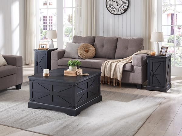 JXQTLINGMU Nightstand with Charging Station, Rectangular Farmhouse End Table with Barn Door and Adjustable Storage Shelf, 17" Deep Wood Rustic Sofa Side Table for Living Room, Bedroom, Black