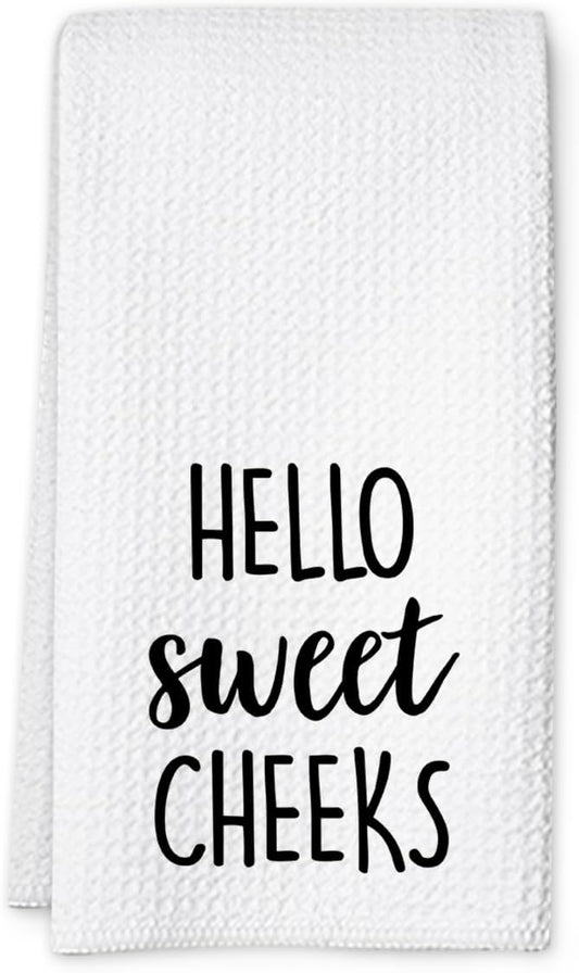 Hello Sweet Cheeks Hand Towel, Waffle Weave Microfiber Bathroom Towel, Funny Rustic Farmhouse Decor, Cute Guest Bathroom Accent