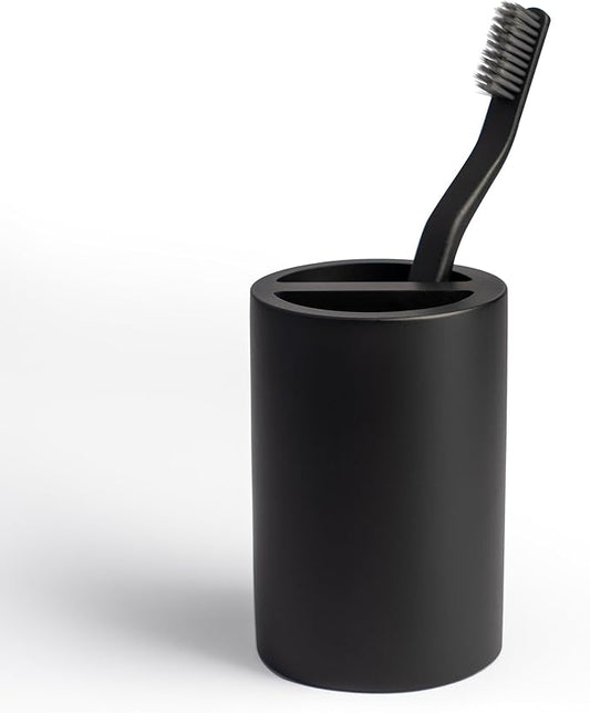 Matte Black Toothbrush Holder for Bathrooms – Modern Resin Countertop Organizer with Slots, Compact Toothbrush and Toothpaste Storage for Vanity, Hotel, Airbnb (Black)