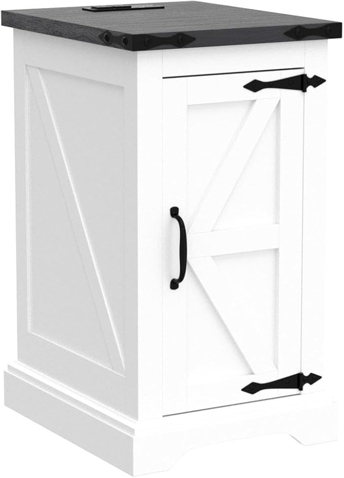 JXQTLINGMU Nightstand with Charging Station, Rectangular Farmhouse End Table with Barn Door and Adjustable Storage Shelf, 17" Deep Wood Rustic Sofa Side Table for Living Room, Bedroom, White