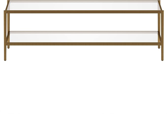 Henn&Hart 54" Wide Rectangular Coffee Table with Glass Shelf in Antique Brass, Modern coffee tables for living room, studio apartment essentials