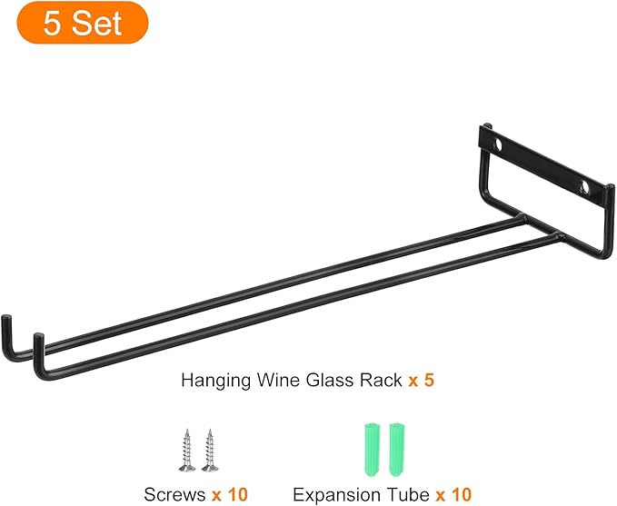 uxcell 5Pcs Wine Glass Rack, 11.81 Inch Iron Wine Glasses Rack Under Cabinet Stemware Rack - Wall Mountable Wine Glass Holder Storage Hanger for Bars Coffee Restaurants Kitchens, Black