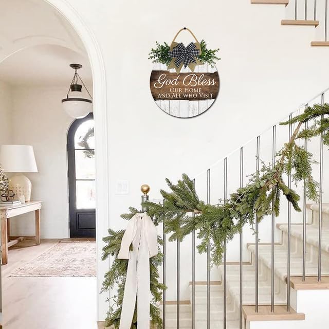 FemiaD God Bless This Home and All Who Enter Sign for Front Door Funny Wreaths Hanging Wooden Plaque Decoration Round Rustic Wood Farmhouse Porch Decor for Home Front Door Decor 11inch