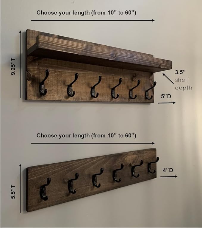Coat Rack with Shelf Wall Mounted with Storage (Choose Your Length) Towel Rack Entryway Organizer Key Hooks (60" L (10 Hooks) Set of 2)