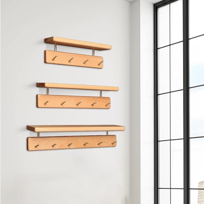 Shelf with Hooks, Solid Wood Bedroom Shelves for Wall, Wooden Coat Rack Wall Mount for Bathroom, Kitchen, Door Entryway (Beech, 38cm/14.96inch)