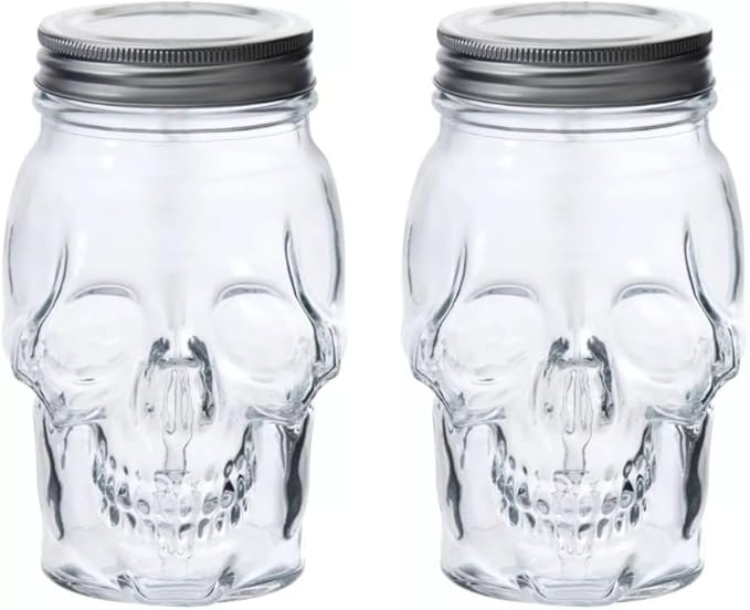 Set of 2 Skull Mason Jar Glasses with Lids | 16oz Reusable Halloween Drinking Glasses | Unique Skull Décor, Storage, & Canning Jars for Parties & Gifts