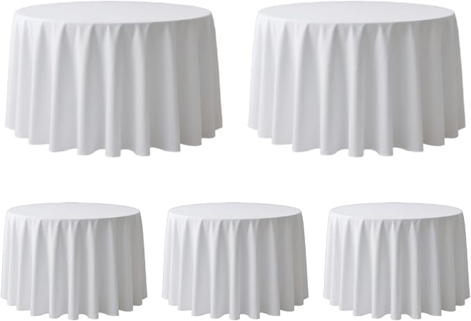 Surmente 120 inch Round tablecloths -5 Pack White Round Table Cloths, Polyester Fabric Table Covers for Weddings, Banquets, or Restaurants