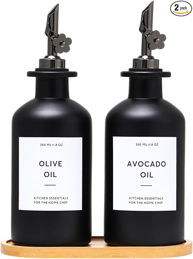 HOMCDALY Olive Oil Dispenser for Kitchen, 11.8oz Glass Kitchen Dispenser Bottle, Black Oil&Vinegar Cruet Set, Leakproof Olive Oil Bottles | Set of 2 (11.8oz – Black)