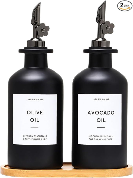 HOMCDALY Olive Oil Dispenser for Kitchen, 11.8oz Glass Kitchen Dispenser Bottle, Black Oil&Vinegar Cruet Set, Leakproof Olive Oil Bottles | Set of 2 (11.8oz – Black)