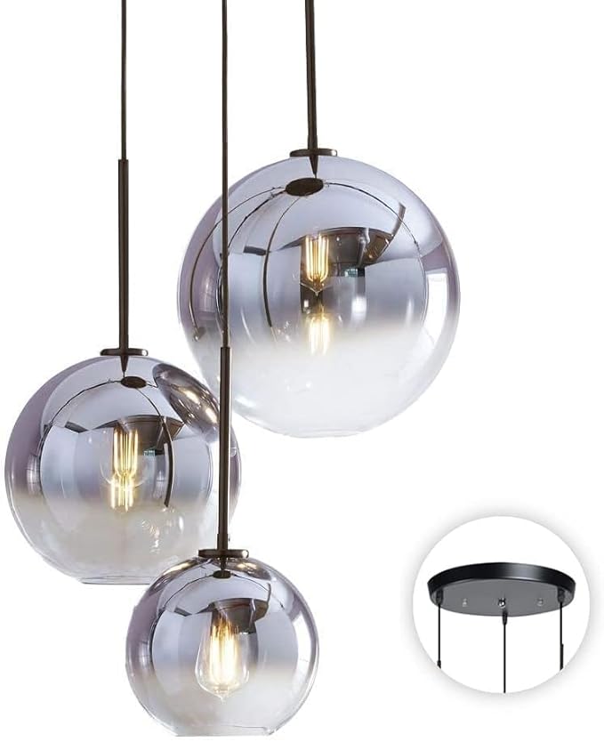 KCO Lighting Modern 3-Light Hanging Light Fixture Silver Gradient Glass Globe Pendant Ceiling Lighting with Adjustable Cord Mid Century Hanging Chandelier Light Fixture for Kitchen Island Bedroom…