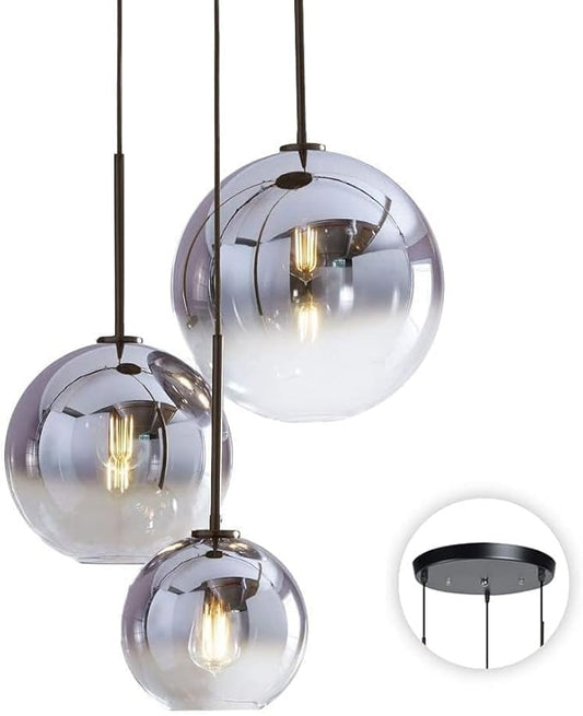 KCO Lighting Modern 3-Light Hanging Light Fixture Silver Gradient Glass Globe Pendant Ceiling Lighting with Adjustable Cord Mid Century Hanging Chandelier Light Fixture for Kitchen Island Bedroom…