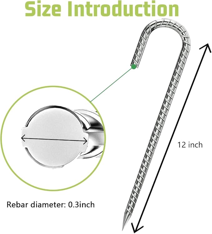 J-Hook-Rebar-Stakes-12 Inch, Ground Stakes Heavy Duty Rebar Stakes for Camping 8pcs Rebar Stakes Rust Proof Coated Metal for Flower Gardens Dog Fence Camping Tents Chicken Coop