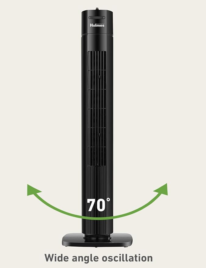 Holmes 31" Manual Tower Fan, 70° Oscillation, 3 Speeds, 2-Hour Auto Shut-Off Timer, Adjustable Vents, Compact and Slim Profile, Carry Handle, Ideal for Cooling your Home, Bedroom or Office, Black