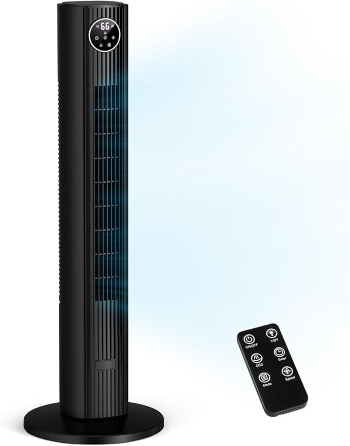 ZAFRO Tower Fan for Bedroom, 90° Oscillating Fan with 12H Timer, 37”Standing Fans with Remote, Bladeless Fan with 4 Modes & 3 Speeds, Black